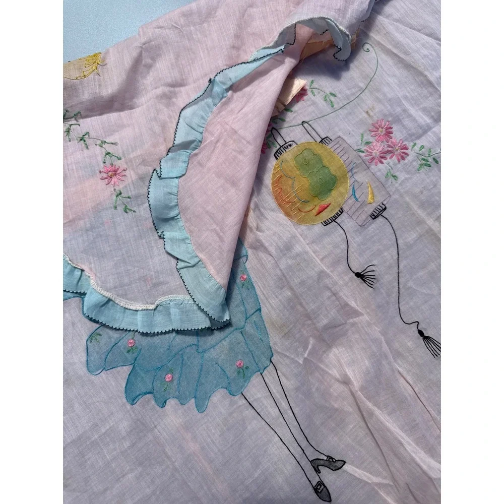 Vintage 1920s Art Deco Tea Apron Hand Painted Flapper Girl Chinoiserie Pink Blue